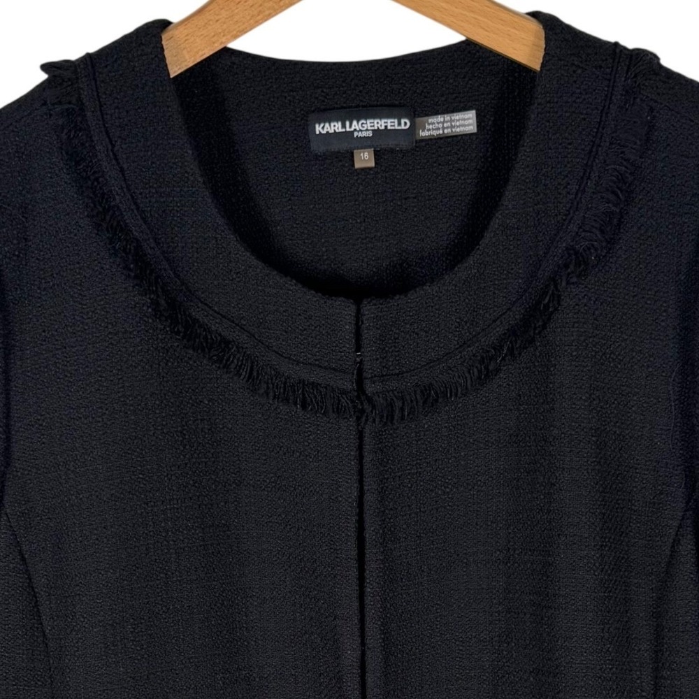 Karl Lagerfeld Paris Tweed‎ Fringe Bell Sleeve Jacket Womens Size 16 Black - Picture 2 of 8